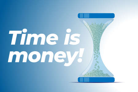 Flyer poster banner template. Hourglass paper money banknotes falling down. Time is money.のイラスト素材