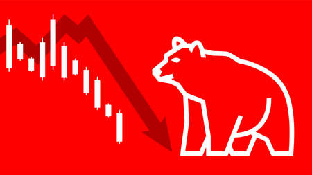 Contour curves silhouette of a bear symbol of stock trading. Downward movement. White bar on red backgroundのイラスト素材