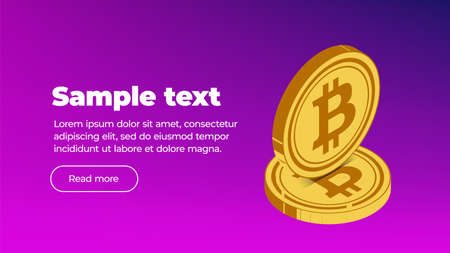 Two realistic gold coins bitcoin on colorful purple blue gradient background with text and button. Banner or cover templateのイラスト素材
