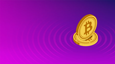 Two realistic gold bitcoin coins on colorful purple blue gradient background with beautiful circular pattern banner or cover templateのイラスト素材