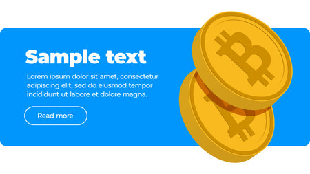 flyer web banner template 2 gold volume coins of virtual digital crypto currency bitcoin on blue background with text and buttonのイラスト素材