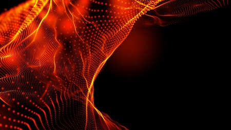 abstract curved yellow-orange lines with curved lines in the form of orange dots of different sizes with the addition of orange highlights on a black background. Template for cover, flyer or bannerの写真素材