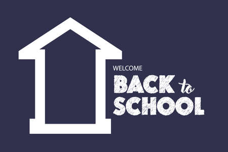 graphic white hatched inscription welcome back to school with a white house next to it on a dark blue backgroundのイラスト素材