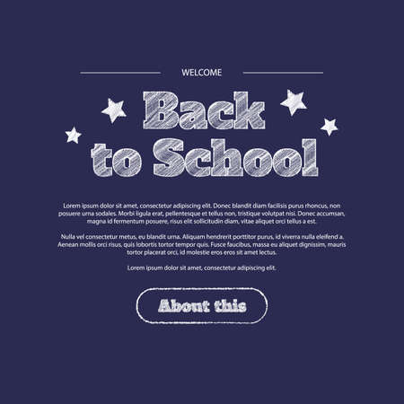 beautiful back to school lettering with white shading with white hatched stars around on a dark blue background. Template for cover, flyer or banner.のイラスト素材