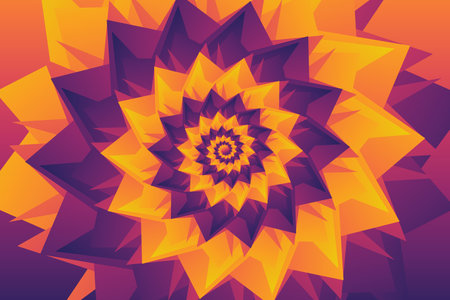 Beautiful mandala flower illustration with gradient orange, yellow, purple, pink petals on gradient orange, pink, purple background. Geometric spiral pattern.のイラスト素材