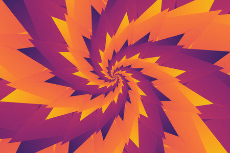Beautiful abstract illustration in the form of a flower, which consists of triangular gradient yellow, orange, purple, petals with yellow and purple lines. Spiral swirling pattern of geometric shapesのイラスト素材