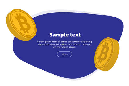 Abstract blue spot with space for your text on it and gold bulk coin digital virtual crypto currency bitcoin on a white background. Flat design style web banner of blockchain technology, bitcoin, altcoins, cryptocurrency mining, finance, digital money market, cryptocoin wallet, crypto exchange. Vector illustrationのイラスト素材