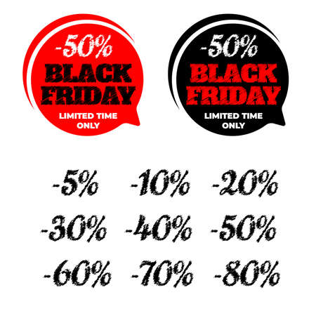Two beautiful modern promotional stickers in black and red with a shaded inscription black friday, 50 percent limited time only on them on a white background. Black Friday labels. Black friday sale up to 90 percent off. Vector illustrationのイラスト素材