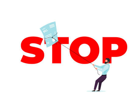 The inscription stop in red with a blue utility bill pulled by a black rope by a man with a beard in a shirt and trousers on a white background. Stop rising utility bills. Vector eps 10のイラスト素材