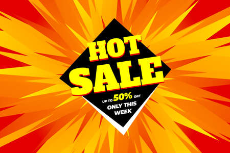 Bright modern advertising banner with a large red, yellow volume inscription hot sale, yellow phrases up to 50 percent, only this week on a black, yellow circle on a gradient red, orange background with rays emanating from this circle. Vector illustrationのイラスト素材