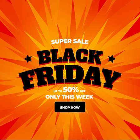 Promotion banner with a bright big inscription super sale, black friday, up to 50 percent off, only this week, shop now on an orange backgroundの写真素材