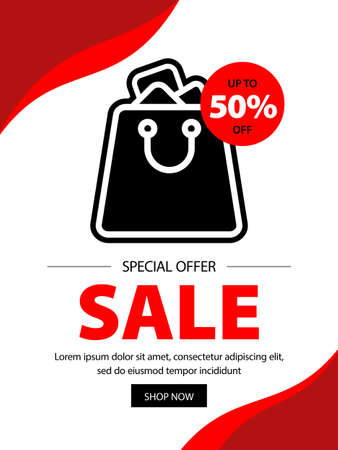 Promotion banner or postcard with special offer inscription, big red sale inscription, black shopping basketのイラスト素材