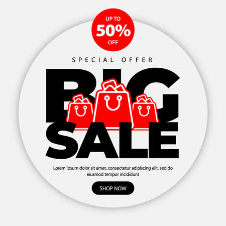 Beautiful minimalist promotion banner with big black lettering big sale, three red shopping carts, red sticker up to 50 percent off and thin black lettering special offer on top on white background.のイラスト素材