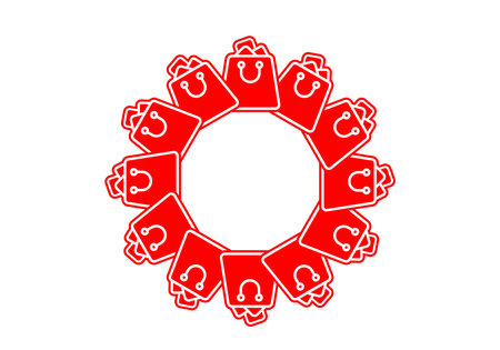 Beautiful illustration in the form of an empty circle consisting of red shopping baskets on a white backgroundのイラスト素材
