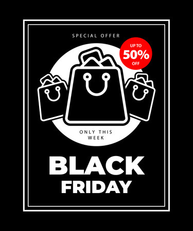 Advertising banner with a big inscription black friday, three shopping baskets on the white circle. Black friday, up to 50 percent off. Discount promotion layout bannerのイラスト素材