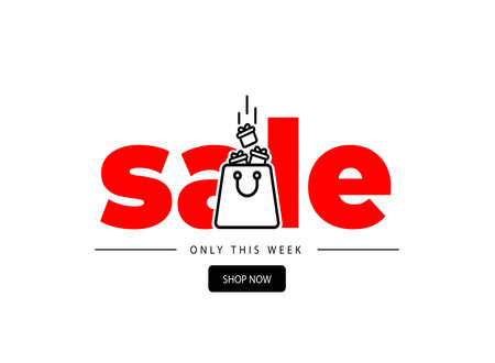 Advertising banner with the inscription sale, on which a shopping bag into which gifts fall on a white backgroundのイラスト素材