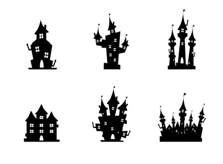 A set of gloomy black castles and houses of different shapes, with different shapes of towers, floors, halloween outbuildings on a white background.のイラスト素材