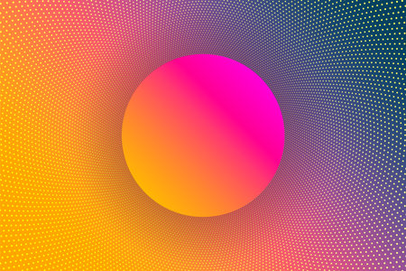 Abstract horizontal pattern with a gradient yellow, pink, purple, blue dotted pattern on the background and a gradient yellow, orange, pink circle in the centerの写真素材