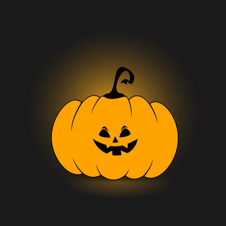 Illustration of an evil smiling orange Halloween pumpkin with four sharp black teeth and frowning black eyebrows and eyes with yellow shadow on a dark gray background. Halloween Jack O Lantern.のイラスト素材