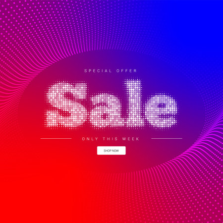 Beautiful square promotional banner with halftone inscription sale, special offer, only this week on a bright gradient red, purple, blue backgroundの写真素材