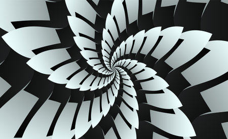 Unusual beautiful flower pattern in the form of a spiral in gradient gray, white and black colors. Abstract illustration which consists of 3d triangular gradient black, grey, white petals.のイラスト素材