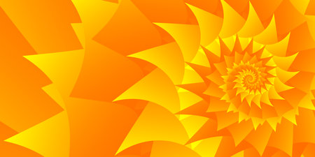 Beautiful wide background or wallpaper or web banner in the form of an illustration of a spiral pattern with sharp corners in gradient orange and yellow colorsのイラスト素材