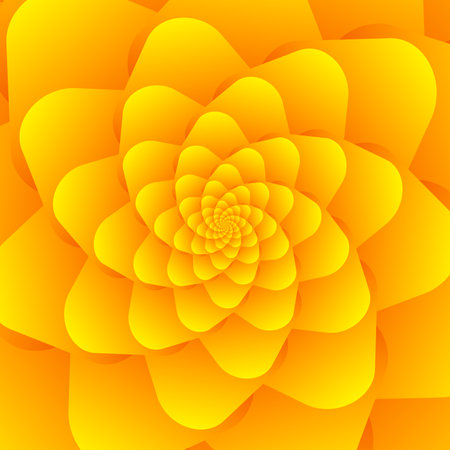 Beautiful abstract square pattern, illustration of an unusual flower with numerous gradient sharp orange-yellow petals that are layered on top of each other. Spiral effect.のイラスト素材