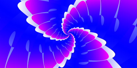 Abstract beautiful wide horizontal flower spiral illustration with multicolored gradient blue, magenta sharp triangular petals in different sizes. Spiral flower pattern effect.のイラスト素材