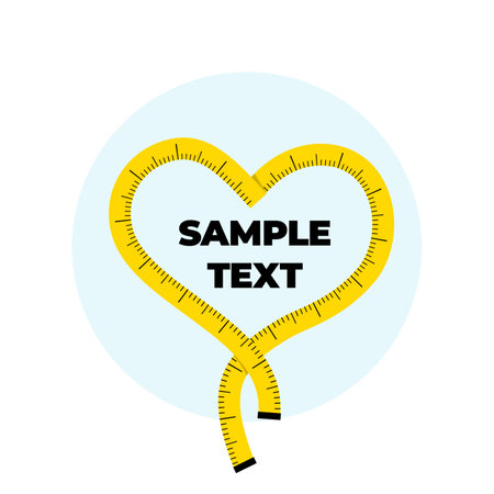 Beautiful neat minimalistic square illustration of a yellow centimeter measuring tape in the form of a heart, inside a place for text in a blue circle on a white background.のイラスト素材