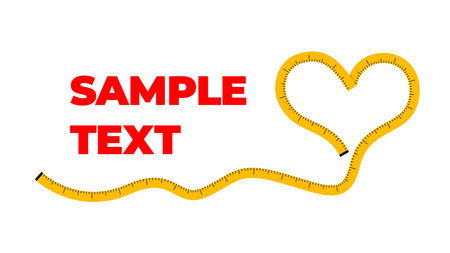 Beautiful horizontal illustration of a yellow measuring tape in the form of a heart and above it there is a place for your text on a white background. Yellow centimeter measuring tape insulated against a white backgroundのイラスト素材