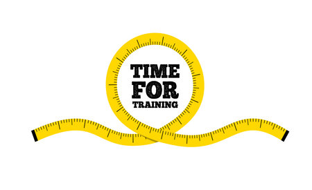 A circle of a yellow measuring centimeter tape on a white background and in the tape there is lettering time for trainingのイラスト素材