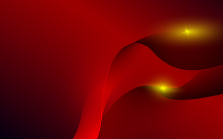 Abstract futuristic horizontal illustration, web banner of volumetric gradient dark waves with yellow shimmer on red gradient backgroundのイラスト素材