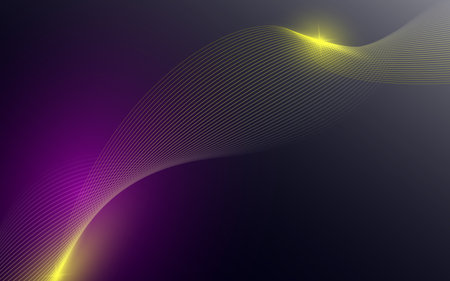 Abstract beautiful horizontal illustration in the form of a yellow linear spiral with yellow highlights on a gradient purple, blue dark background. Dynamic and bright linear spiral with colorful gradientのイラスト素材