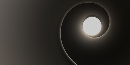 Abstract 3D illustration of a spiral or tunnel in dark brown color with a white center at the end of the tunnelの写真素材