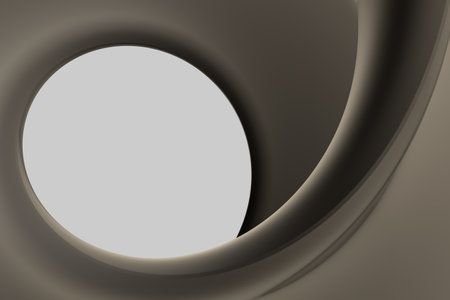 Abstract unusual horizontal 3d illustration of a dark beige brown spiral with dark shadows with a light gray circle inside. Brown spiral or wave pattern graphic backgroundの写真素材