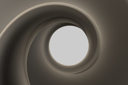 Abstract 3D illustration of a spiral or tunnel in beige brown color with a white center at the end of the tunnelの写真素材