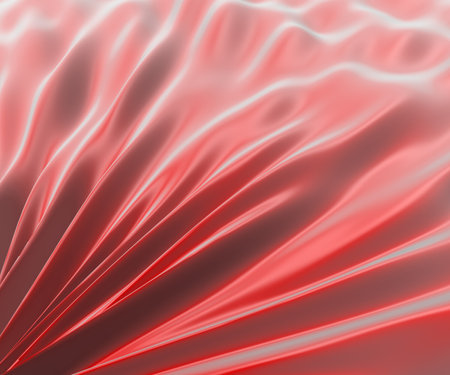 Abstract 3d illustration of red and white volumetric curved lines in the form of a sea or folds of fabric. Soft surfaceの写真素材