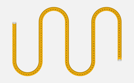 Abstract horizontal illustration of a wavy yellow measuring centimeter tape on a white backgroundのイラスト素材
