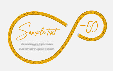Horizontal illustration of a yellow measuring tape in the form of an inverted figure eight, there is a place for text inside on a white backgroundのイラスト素材