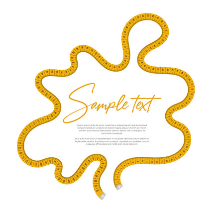 Abstract horizontal illustration of a wavy yellow measuring centimeter tape on a white background. There is a place for your text in the center.のイラスト素材