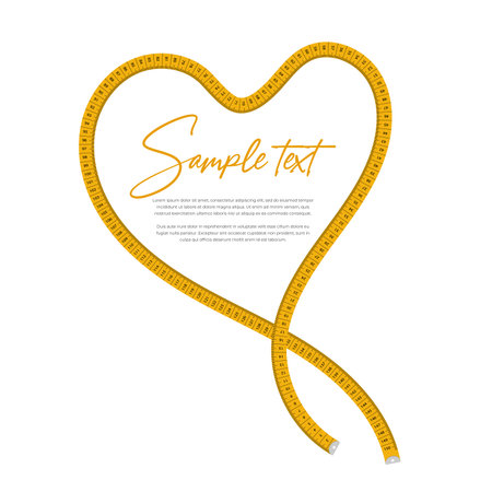 Abstract horizontal illustration of a yellow measuring tape in the form of a heart on a white background. Inside the heart there is a place for any of your text.のイラスト素材