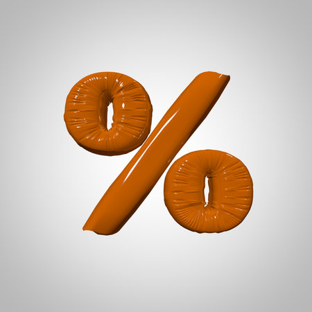Inflated plastic square illustration of volumetric glossy deformed 3D render of orange percent sign symbol on white gradient background. Balloon metallic. Beautiful volumetric percent sign symbol for advertisingの写真素材