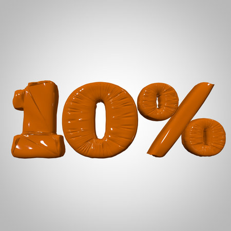 Inflated plastic square illustration of volumetric glossy deformed 3D render of orange percent sign symbol on white gradient background. Balloon metallic. Beautiful volumetric percent sign symbol for advertisingの写真素材