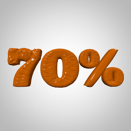 Inflated plastic square illustration of volumetric glossy deformed 3D render of orange percent sign symbol on white gradient background. Balloon metallic. Beautiful volumetric percent sign symbol for advertisingの写真素材