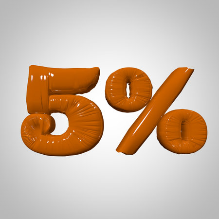 Inflated plastic square illustration of volumetric glossy deformed 3D render of orange percent sign symbol on white gradient background. Balloon metallic. Beautiful volumetric percent sign symbol for advertisingの写真素材