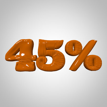 Inflated plastic square illustration of volumetric glossy deformed 3D render of orange percent sign symbol on white gradient background. Balloon metallic. Beautiful volumetric percent sign symbol for advertisingの写真素材