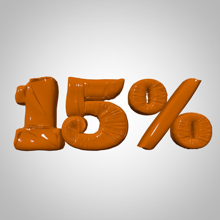 Inflated plastic square illustration of volumetric glossy deformed 3D render of orange percent sign symbol on white gradient background. Balloon metallic. Beautiful volumetric percent sign symbol for advertisingの写真素材