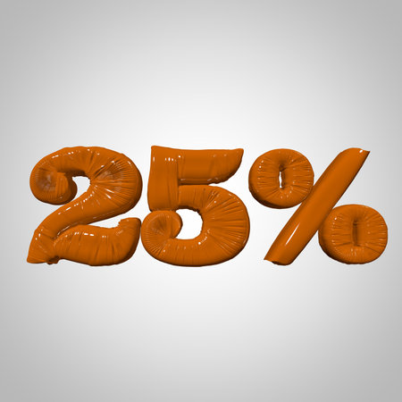 Inflated plastic square illustration of volumetric glossy deformed 3D render of orange percent sign symbol on white gradient background. Balloon metallic. Beautiful volumetric percent sign symbol for advertisingの写真素材