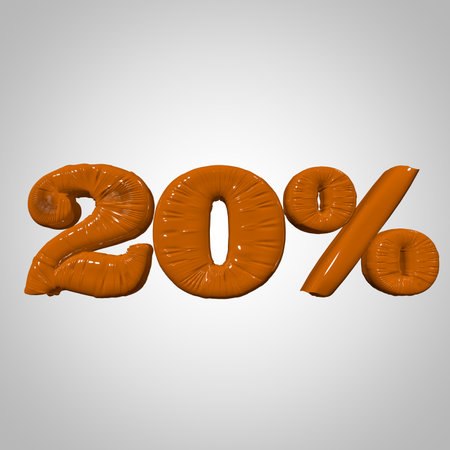 Inflated plastic square illustration of volumetric glossy deformed 3D render of orange percent sign symbol on white gradient background. Balloon metallic. Beautiful volumetric percent sign symbol for advertisingの写真素材