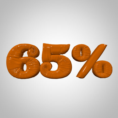 Inflated plastic square illustration of volumetric glossy deformed 3D render of orange percent sign symbol on white gradient background. Balloon metallic. Beautiful volumetric percent sign symbol for advertisingの写真素材